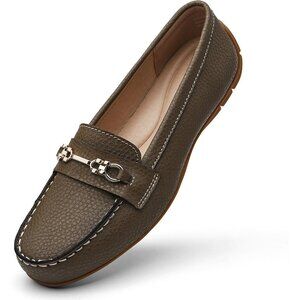 Kordal Women's Light GrLeather Gold Accent Buckle Slip-Ons Walking Flats Loafers